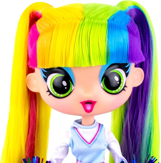 Decora Fashion Girlz Doll – Decora Cheerleader 11” Poseable Fashion Doll with Long Rainbow Hair, 50+ Surprises, Fabric Outfit, Removable Stickers, Accessories & Doll Stand, Collectible for Girls 4–9