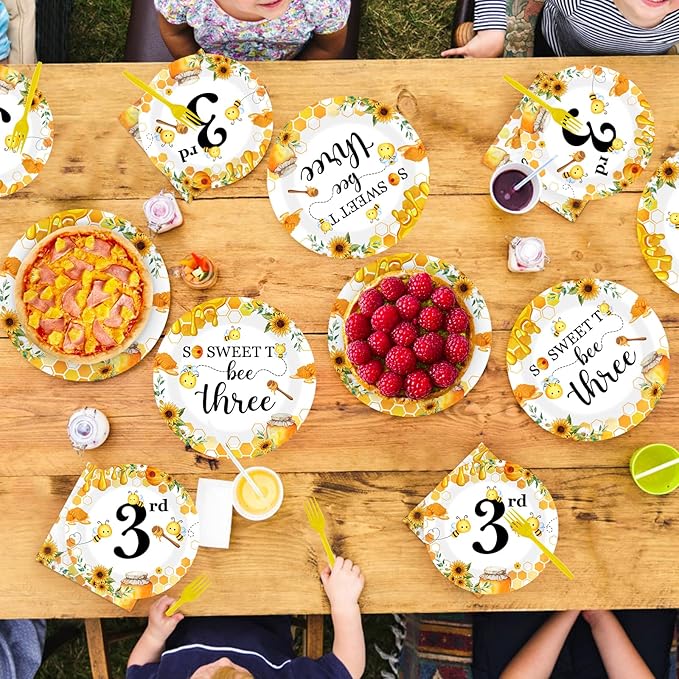 96 Pcs Bee 3rd Birthday Party Supplies Bumble Bee Theme So Sweet to Bee Three Party Plates and Napkins Disposable 3 Years Old Tableware Set for Kids Baby Shower Birthday Decorations, Serves 24