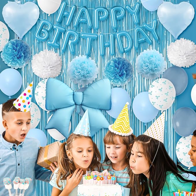 Blue Birthday Decorations, White Sand Happy Birthday Balloon Banner with Bow and Heart Foil Balloons Fringe Curtain Tissue Paper Pompoms Garland Party Supplies for Boys Men Girls Women