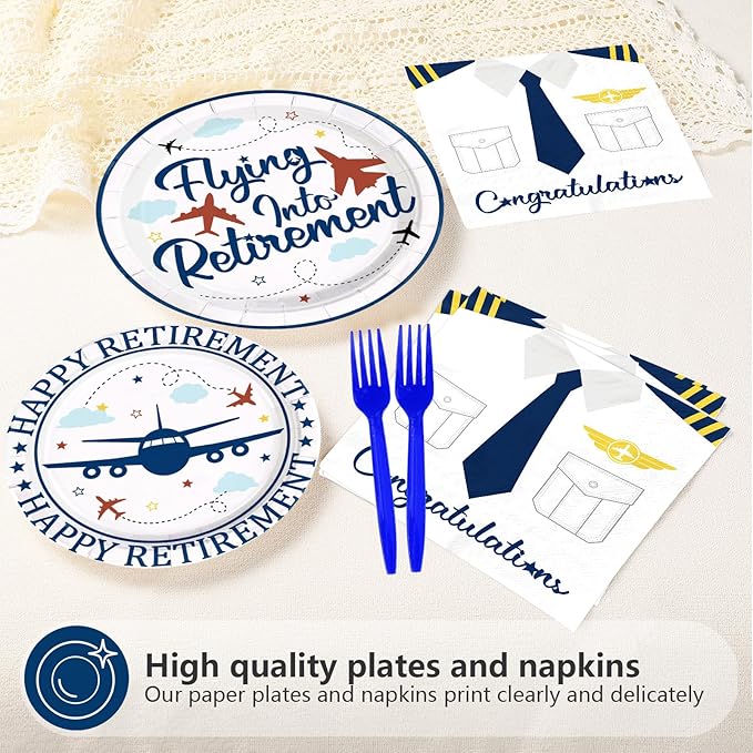 96Pcs Flying into Retirement Party Decorations Pilot Happy Retirement Plates and Napkins Sets Blue Airplane Retired Pilot Decoration for Men Airplane Congratulations Retired Party Supplies Serves 24