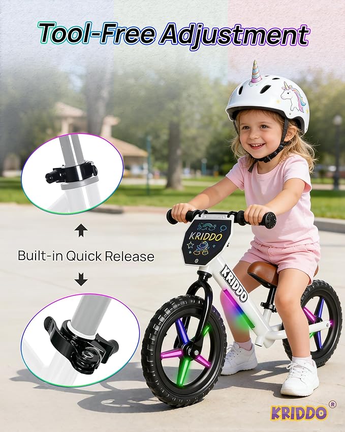 KRIDDO Toddler Balance Bike 2 Years Old, 12-Inch Colorful Lighting-Up Push Bicycle with LCD Writing Tablet, Steady Balancing, Gift Bike for 2-5 Boys Girls, LED-White