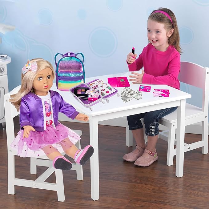ebuddy 18 Inch Doll Clothes and Accessories School Supplies Playset and Makeup Accesscories Doll Travel Suitcase Set Including Coat,Dress,Suitcase,Hairpin,Hair Ring,Stickers,Makeup Set (No Doll)