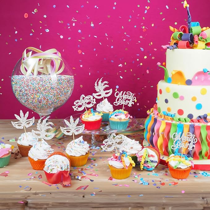 Gyufise 24Pcs Masquerade Masks Cupcake Toppers Silver Glitter Bachelorette Mask Cupcake Topper Mardi Gras Cake Picks Decorations for Masquerade Mardi Gras Party Baby Shower Birthday Party Supplies