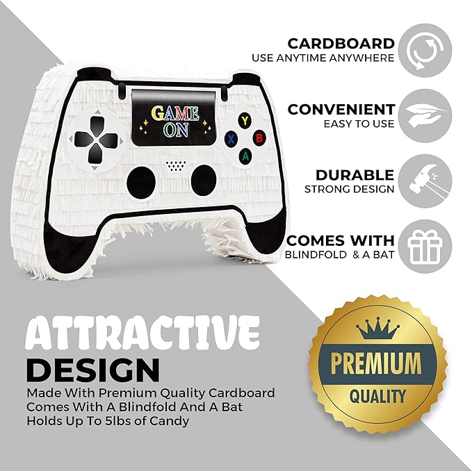 White Game Controller Pinatas Bundle with a Blindfold and a Bat(16.5 x 12 x 3.5 Inches), Perfect for kid's Birthday Parties, Mexican Theme Parties, Decorations