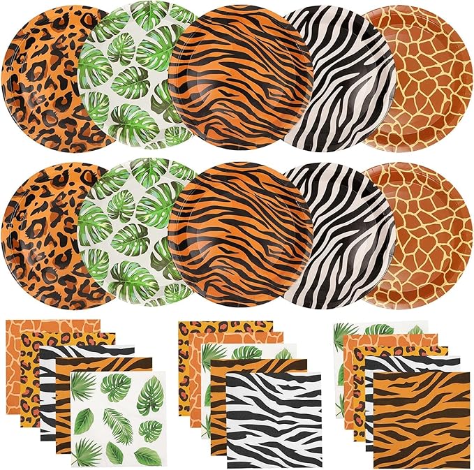 100Pcs Jungle Safari Wild Animal Party Supplies Disposable jungle zoo animal Print Paper Plates and Napkins for Birthday Party, Baby Shower and jungle safari theme party decorations