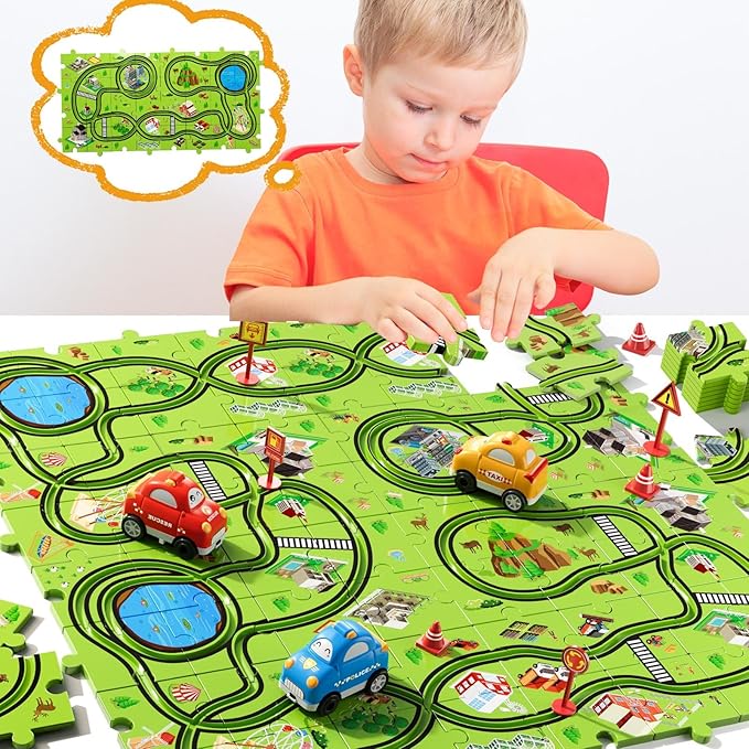 64PCS Puzzle Track Car Set Toys for Kids Boys, Toddler Toys Gifts for 3 4 5 Year Old, Floor Puzzle Tracks Car for Boys Ages 3-5 4-6, for 3 4 5 6 Year Old