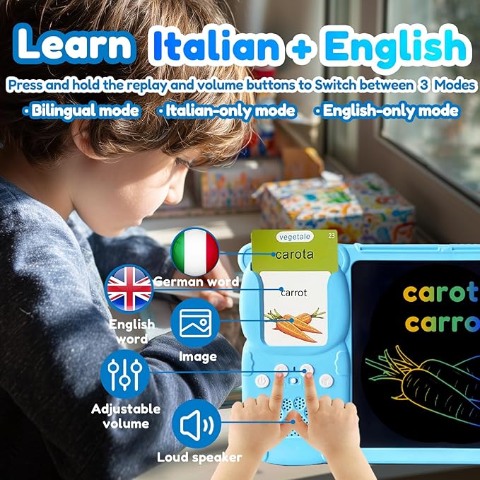 Drawing Tablet with Bilingual Flashcards for Kids - Italian English Talking Flash Cards, LCD Writing Pad Board, Pocket Speech for Toddlers, Learning Toy Gift for Boys Girls (Italian, Blue)