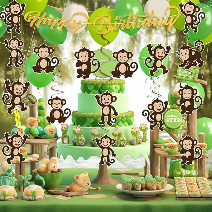 Monkey Birthday Party Decorations Jungle Theme Party Supplies Monkey Happy Birthday Banner Sign Monkey Hanging Cutouts Swirls for Boys Girls Safari Wild Animals Party Baby Shower Favors Decor