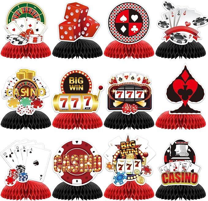 12pcs CasinoTheme Party Decorations,Casino Poker Happy Birthday Decorations, Honeycomb Centerpieces Decor Table for Party Supplies for Casino Table Toppers Casino Game Night Las Vegas Party Favors