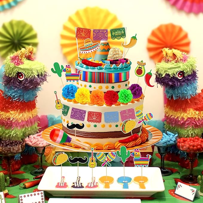 Hooqict 33Pcs Fiesta Cake Decorations Set with Mini Papel Picado Banner, Serape Ribbon, Cactus, Taco and Flower Mexican Cake Toppers & Cupcake Toppers for Cinco de Mayo Mexican Theme Party Decorations