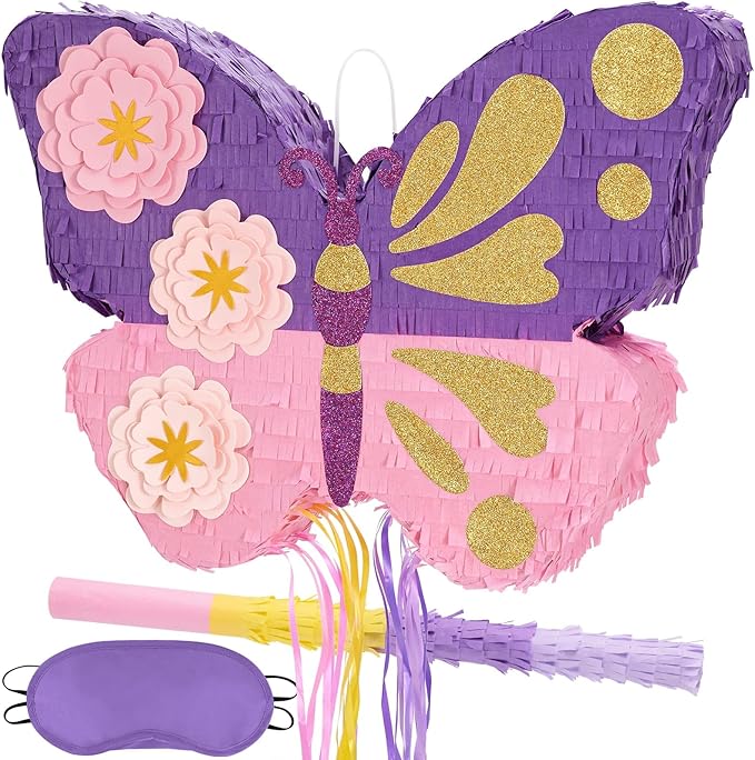 WERNNSAI Butterfly Piñata - Butterfly Birthday Party Supplies Piñata with Stick and Blindfold for Girls Kids Pull String Piñata Family Games Classroom Birthday Party Decorations 16.4” x 12.4”