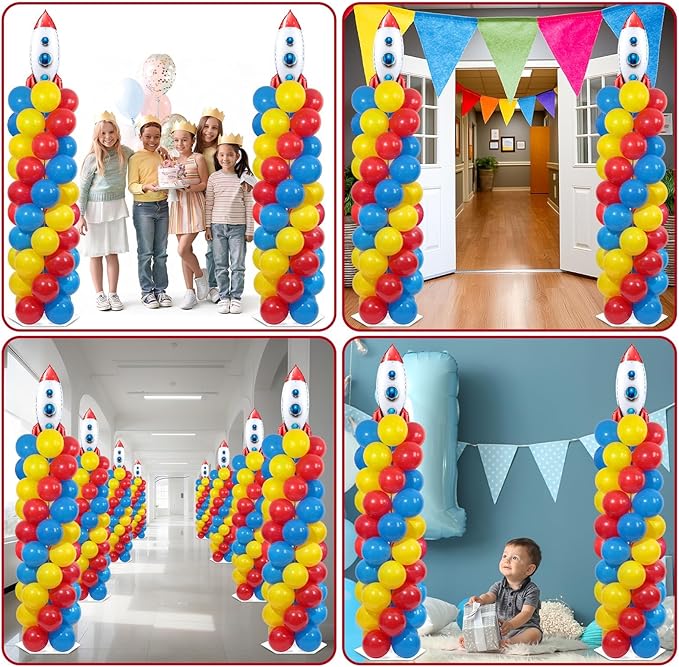 2 Sets Toy Inspired Story Balloons Column Stand Kit With 102 Rocket Foil Balloons 5.57ft Adjustable Tower Stand With Base Arch Column for Baby Shower Carton Birthday Party Supplies
