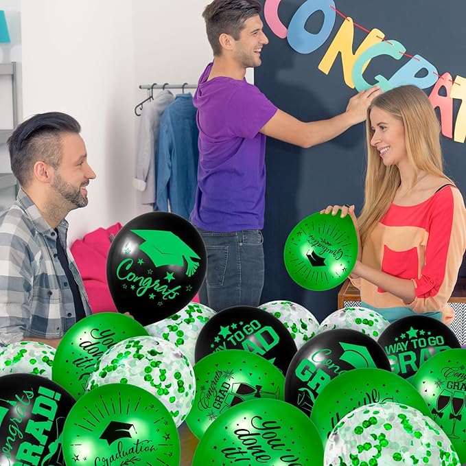 Whaline 60Pcs Graduation Party Balloon Set 7 Designs Confetti Latex Balloon with 2 Rolls Ribbon Grad Cap Congrats Grad Balloon for Graduation Party Decoration Supplies (Green, Black)