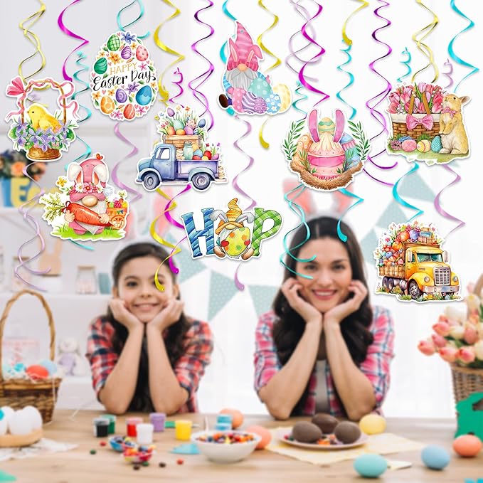 Hanging Easter Decorations Swirls 24pcs, Easter Egg Bunny Ceiling Hanging Party Streamers, Foil Easter Party Decor Supplies for Home Office School, Dangling Spinners Easter Party Ceiling Decor