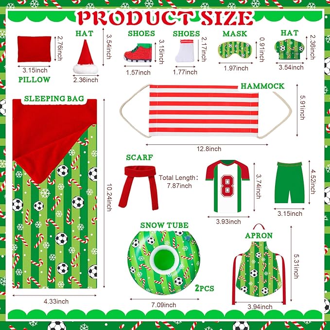 Kacctyen 15 Pcs Soccer Themed Christmas Accessories Include Sleeping Bag, Apron, Chef Hat, Scarf, Pillow, Eye Mask, Shoes, Mask, Hammock for Doll Props