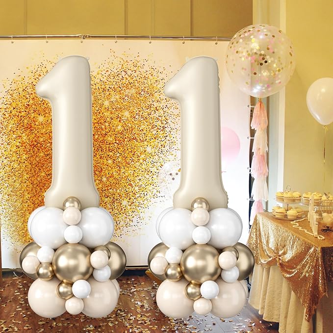 40 Inch Cream Number 1 Balloon for 1st Birthday Decorations Beige White Sand Number One Foil Balloon Tower Giant Large Nude Neutral Digit Helium Balloons Stack for Girls First Anniversary Party