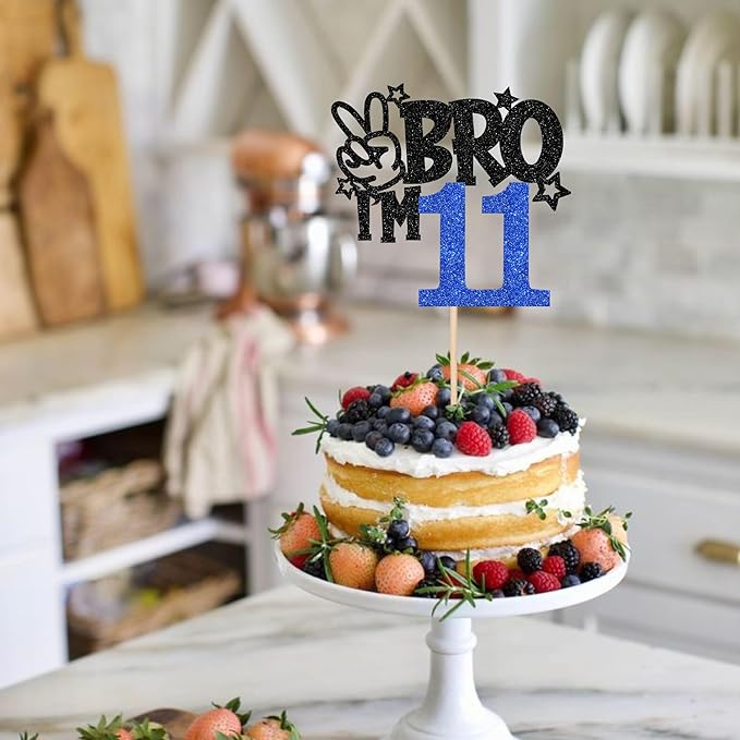 1 PCS Brother I'm 11 Cake Topper Glitter Star Happy 11th Birthday Cake Pick Bro I'm 11 Cake Decoration It's My 11th Birthday Decorations for Boys Cheers to 11 Years Old Birthday Party Supplies Blue