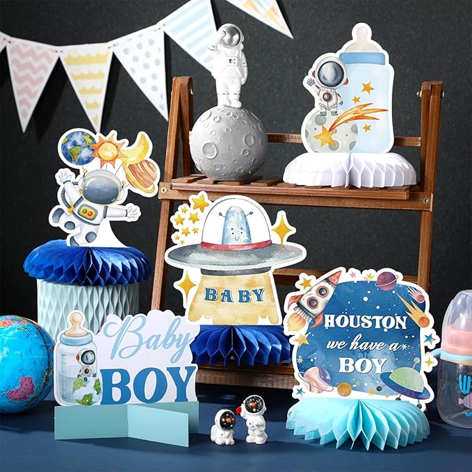 12 Pcs Outer Space Baby Boy Shower Decorations Welcome It's a Boy Baby Shower Honeycomb Centerpieces Blue Astronaut Rocket Bottle Planet Table Topper Table Decoration for Birthday Party Favors