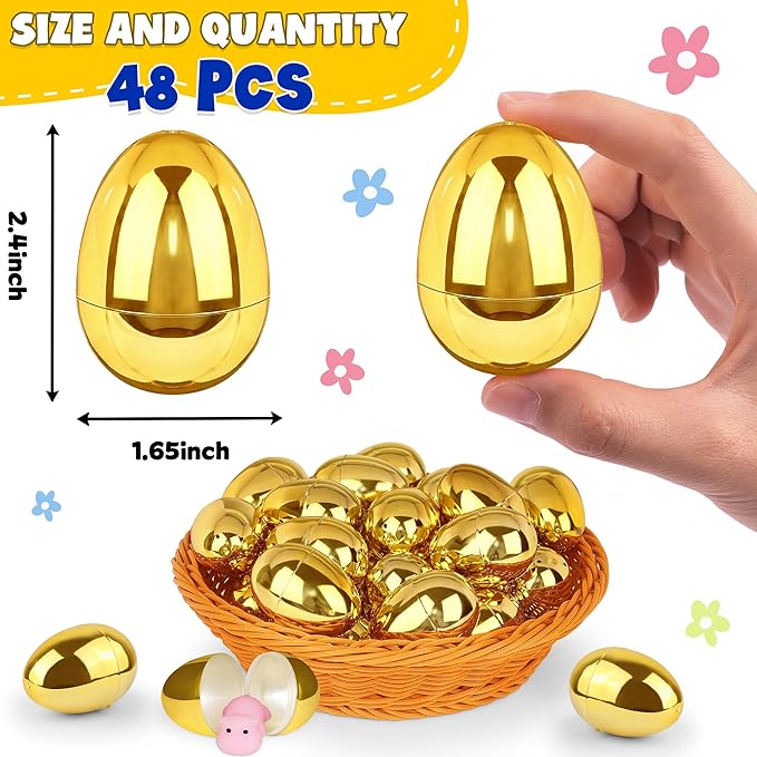 48 Pack Gold Easter Eggs, 2.4 Inch Metallic Plastic Empty Golden Eggs Fillable for Easter Eggs Hunt, Easter Basket Stuffers Fillers, Classroom Prize Supplies, Filling Treats and Party Favors