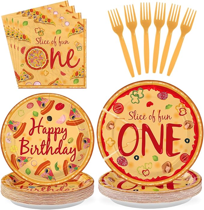 96Pcs Pizza One Birthday Party Decorations Pizza 1st Birthday Party Plates and Napkins Tableware Sets for Kids Baby Shower One Year Old Carnival Italy Night Holiday Party Favors Supplies Serves 24