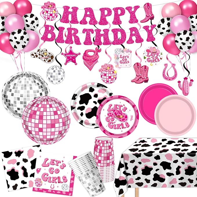 131 PCS Cowgirl Birthday Party Decorations Disco Cowgirl Party Decorations - Includes Plates, Napkins, Cups, Banner, Hanging Swirl, Tablecloth, Balloon for Western Cowgirl Party Decorations, Serve 24