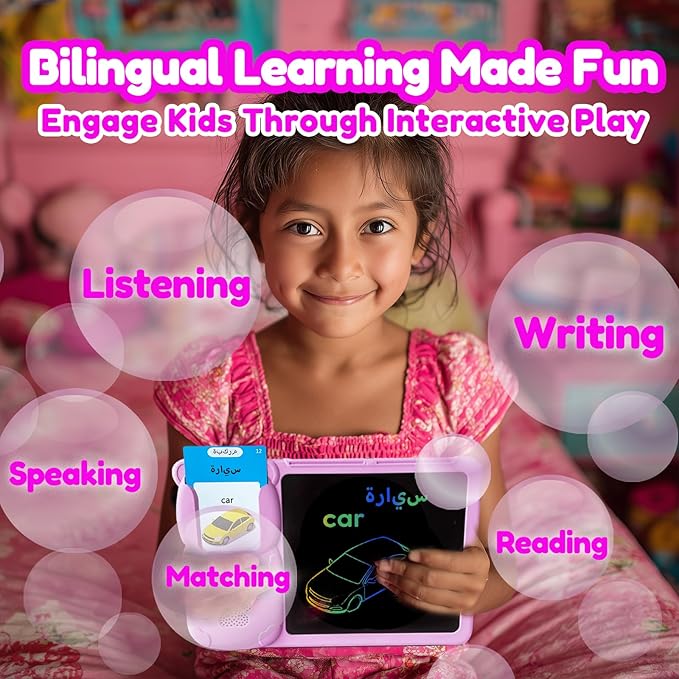 Drawing Tablet with Bilingual Flashcards for Kids - Arabic English Talking Flash Cards, LCD Writing Pad Board, Pocket Speech for Toddlers, Learning Toy Gift for Boys Girls (Arabic, Pink)