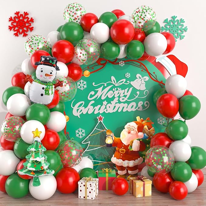 Christmas Balloon Garland Arch Kit Red Green White Latex Balloons Red Green Confetti Balloon with Mini Snowman Christmas Tree Foil Balloons for Xmas New Year Party Decortaion Supplies
