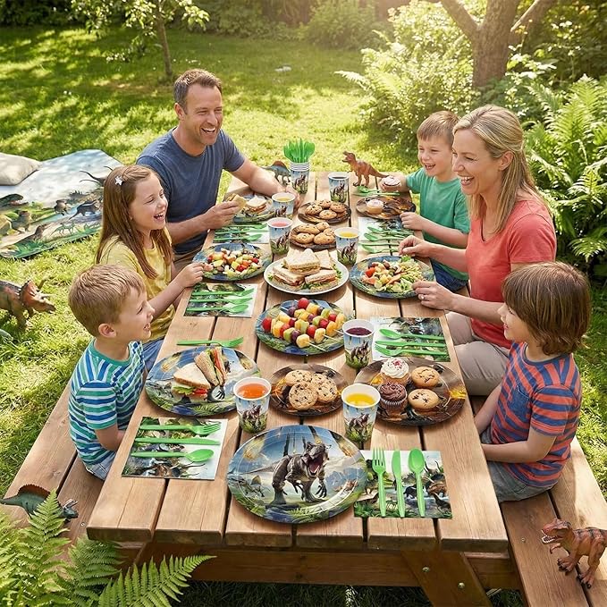 168pcs Dinosaur Party Supplies Dino Plates Napkins Disposable Tableware Set Paper Cups Green Forks Dinosaur Birthday Party Decorations for Boys Kids Birthday Decor Severs 24