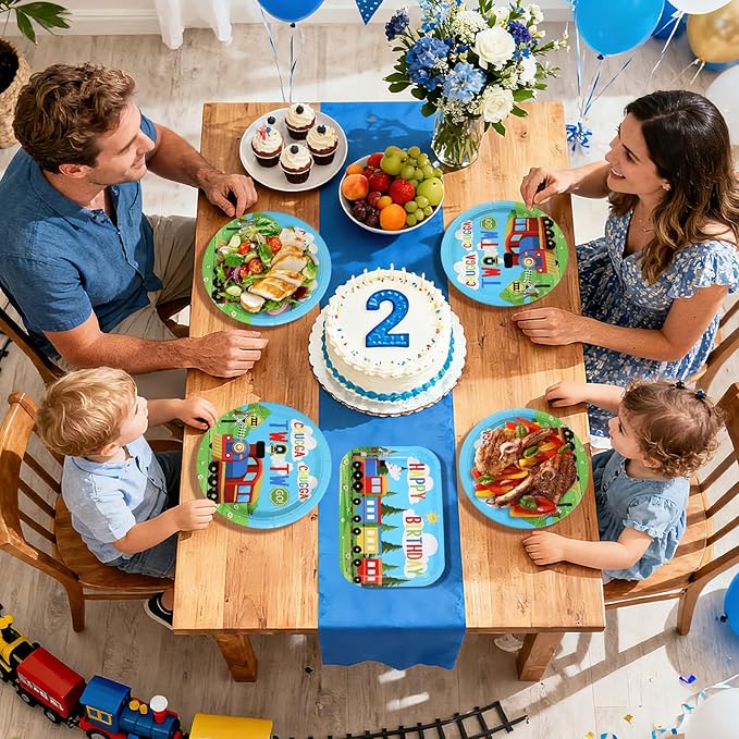 96 Pcs Train 2nd Birthday Party Decorations Chugga Chugga Two Two Plates and Napkins Disposable Railroad Transportation Tableware Set for Kids Train Theme 2 Year Old Birthday Party Supplies Serves 24