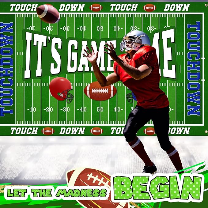 Ctosree 4 Pcs Football Backdrop Banner Decoration Football Party Supplies It's Game Time Touch Down Wall Door Sign Decor for Sport Game Birthday Party Favors