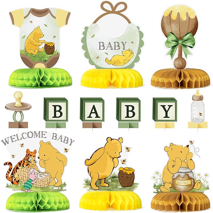 Cute Winnie Honeycomb Centerpieces - 12PCS Cute Winnie Baby Shower Party Honeycomb Centerpieces Welcome Baby Party Table Decorations Bear Theme Babies Shower Table Topper for Boys Girls