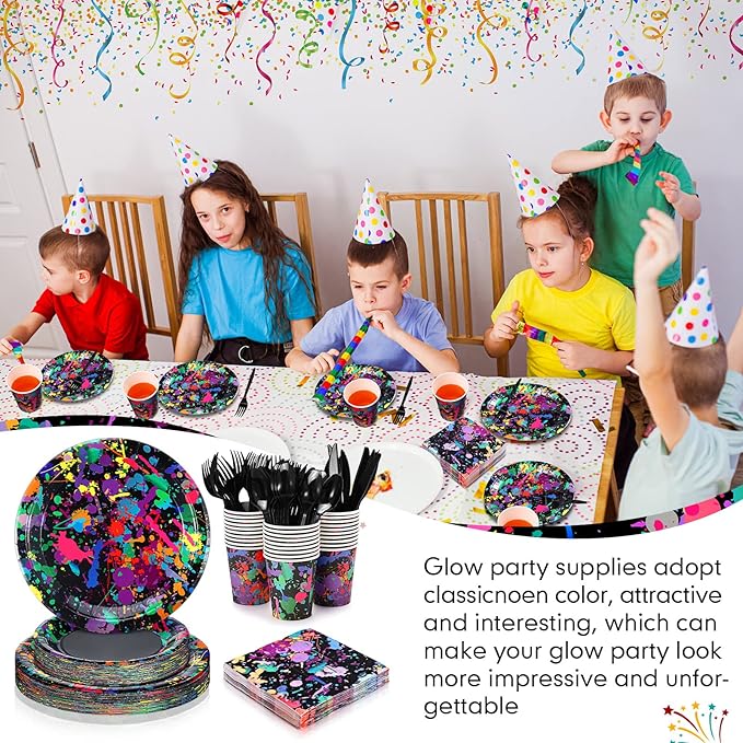 Baderke 252 Pcs Neon Party Supplies for 36 Guests Glow Party Plates Napkins Tableware Cups Knives Forks Spoons Neon Glow Birthday Colorful Graffiti Parties Decoration Favor