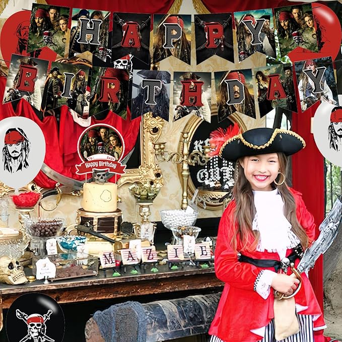 Pirates of the Caribbean Party Decorations,Birthday Party Supplies for Depp - Includes Banner, 12 Cake Toppers, 18 Balloons, 50 Stickers