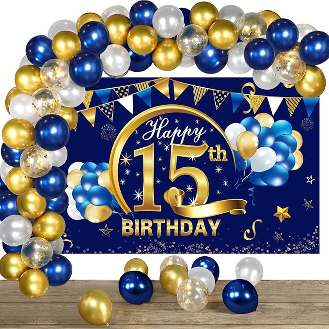 Blue Gold 15th Birthday Banner with Confetti Balloon Arch, Happy Fifteen Banner Balloons Set Party Supplies for Boys, 15 Year Old Birthday Poster