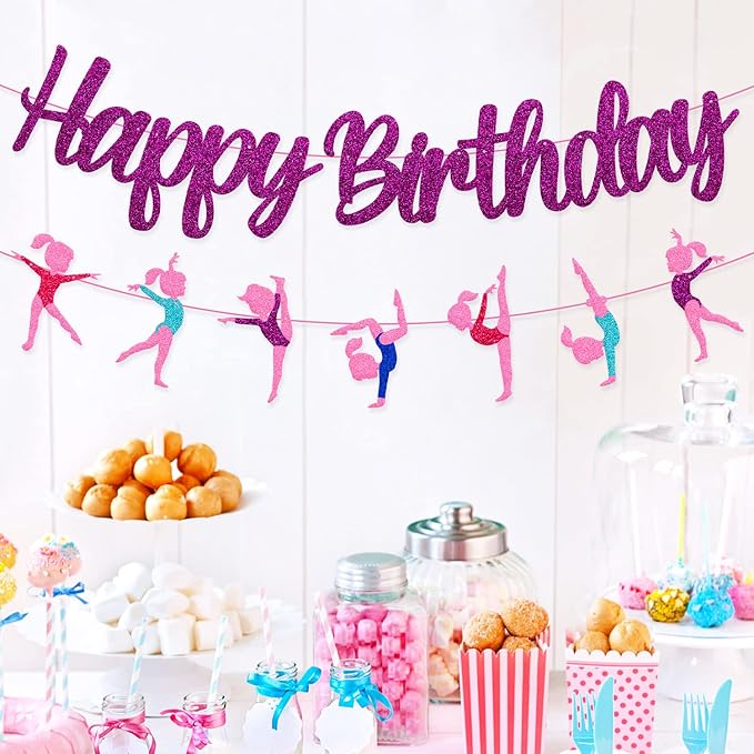 Gymnastics Birthday Banner Gymnast Theme Decoration Glitter Purple Happy Birthday Garland for Girl Gymnastics Bday Party Supplies