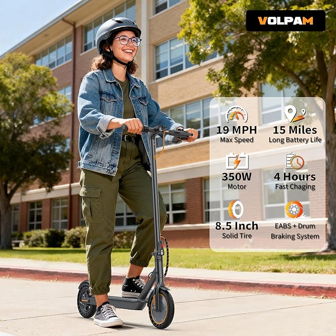 VOLPAM Electric Scooter, 350W/500W Powerful Motor, 8.5"/10" Solid Tires, 19/21Mph, 28/23/21/16 Miles Max Range, Dual Braking