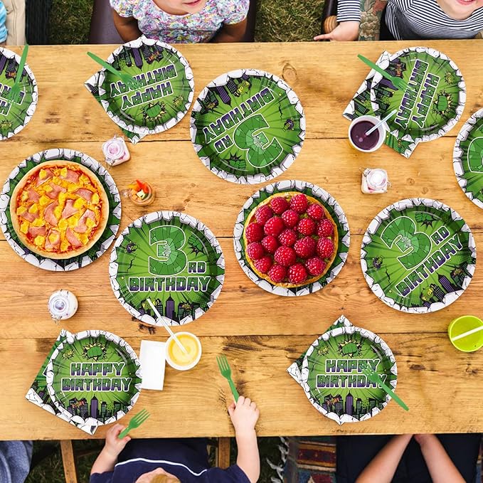 96Pcs Green Hero 3rd Birthday Party Supplies Super Green Hero 3rd Birthday Plates and Napkins Cityscape Super Bang Cartoon Movie Tableware Set for Kid 3 Year Old Party Supplies，Serves 24