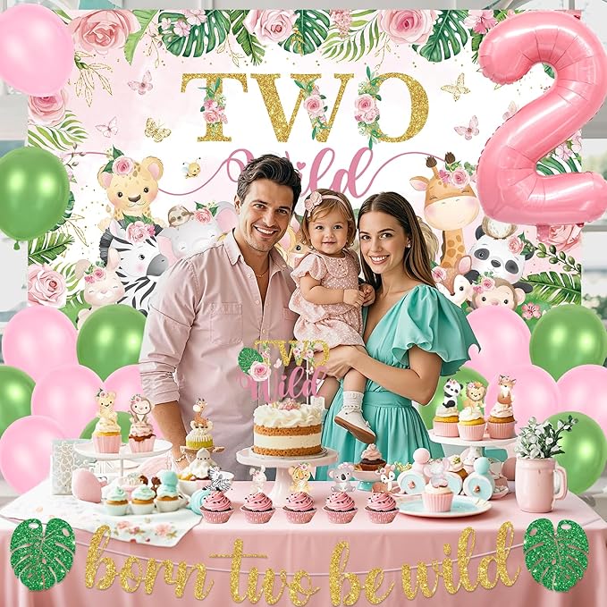 Two Wild Birthday Decorations Girl Pink Jungle Animal Theme 2nd Birthday Party Supplies Include Two Wild Backdrop Banner Balloons Cupcake Toppers for Girl 2 Year Old Safari Party Decor
