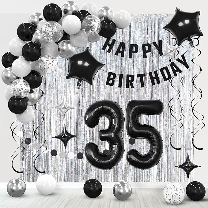 35th Birthday Decorations for Men Women- Black Silver Happy 35th Birthday Party Decor With Banner Backdrop,Number 35 Foil Balloon -Black White Balloons Garland Arch Kit for 35 Years Old