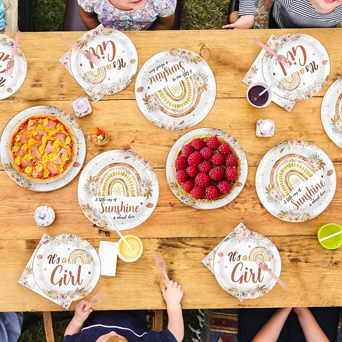 96 Pcs Boho Baby Shower Decorations for Girl Disposable A Little Ray of Sunshine Paper Plates and Napkins Boho Rainbow Baby Shower Tableware Set for Girl Birthday Party Supplies