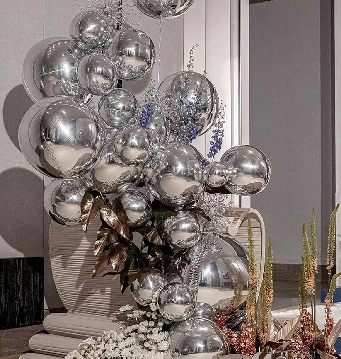 KALOR 10 Pcs 22 Inch Silver Mylar Balloons, Large 4D Giant Round Foil Balloon Big Mirror Metallic Balloons for Birthday Party Baby Shower Gender Reveal Supplies