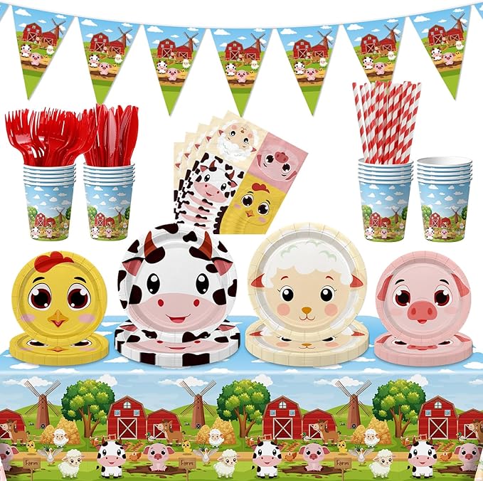 Farm Birthday Party Supplies, Including Farm Napkins Farm Animal Plates Tablecloth Banner and Dinnerware for Farm Theme Birthday Decorations, Serves 20