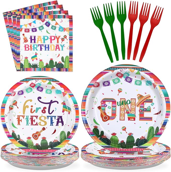 96Pcs First Fiesta Birthday Decorations Mexican Fiesta 1st Birthday Plates and Napkins Tableware Sets Mexico Cinco De Mayo Decorations for Boys Girls Cactus Taco Bout One Year Old Party Serves 24