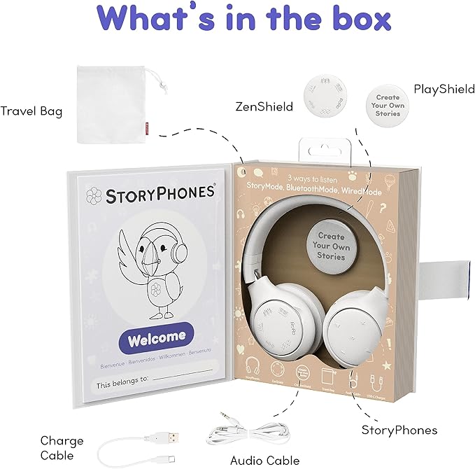 Storytelling Foldable Bluetooth Kids Headphones-Intro Bundle with ZenDisk and PlayShield, Perfect for Travel, Learning, Screen-Free Entertainment, Stories and Music by Onanoff (White)