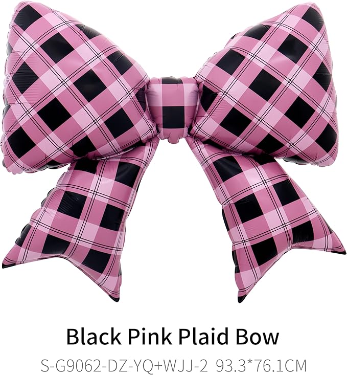 4Pcs Pink Black Gingham Bow Balloons/Sweet Sassy Y2K Party Decor/Bad Two The Bone Party/Korean Idol Demon Hunters/Little Devil Aesthetic/Bad Girl Birthday/Checkered Plaid Foil Balloon/Night Out Decor