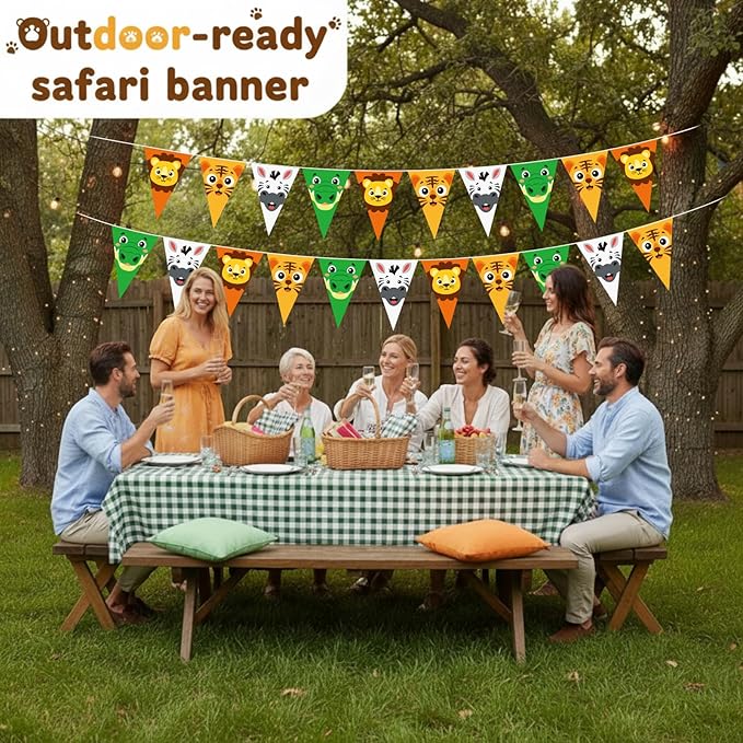 HESTYA 5 Pcs 49 Ft Safari Party Decorations Pennant Banner, Pre-Assembled Animal Print Jungle Theme Birthday Supplies, Large Triangle Flag Bunting Garland for Baby Shower Indoor Outdoor Hanging