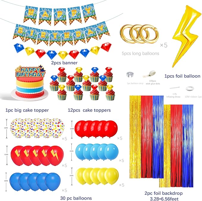 Cartoon Hedgehog Birthday Decorations for Boys,Blue Red Gold Fringe Curtains, Gold Circle Explosion Star Foil Balloon,Happy Birthday Banner
