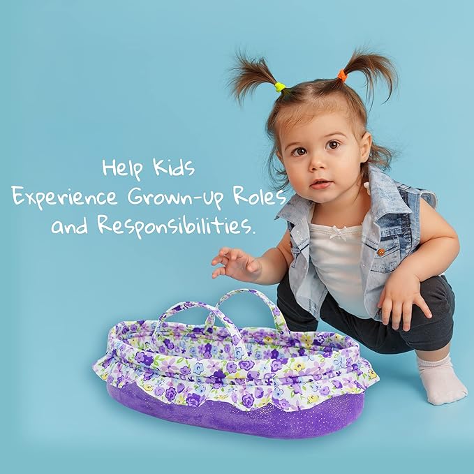 June Garden Cozy Dream Doll Bassinet - Baby Doll Portable Carrier - Fits for American Girl Dolls up to 14" - Soft Pillow & Safety Buckle Included - Purple