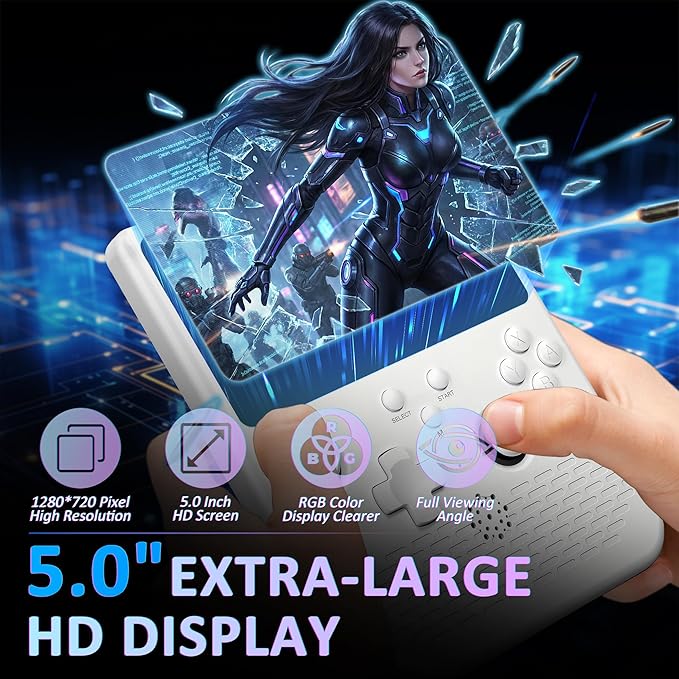 H5 Retro Gaming Console, 5.0 Inch IPS HD Screen Handheld Game Console, Portable Video Arcade Build-in 40000+ Classic Games, 256GB TF Card Support 34+ Emulators with 4000mAh Battery, White