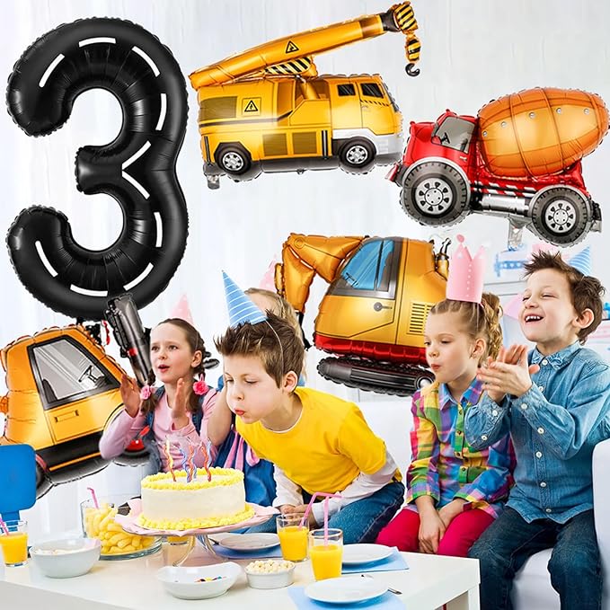 Construction Birthday Decorations 3 Year Old, Large Construction Balloons 40Inch Racetrack Black Number 3 Balloons Construction Truck Foil Balloons for Boys 3rd Construction Birthday Party Supplies